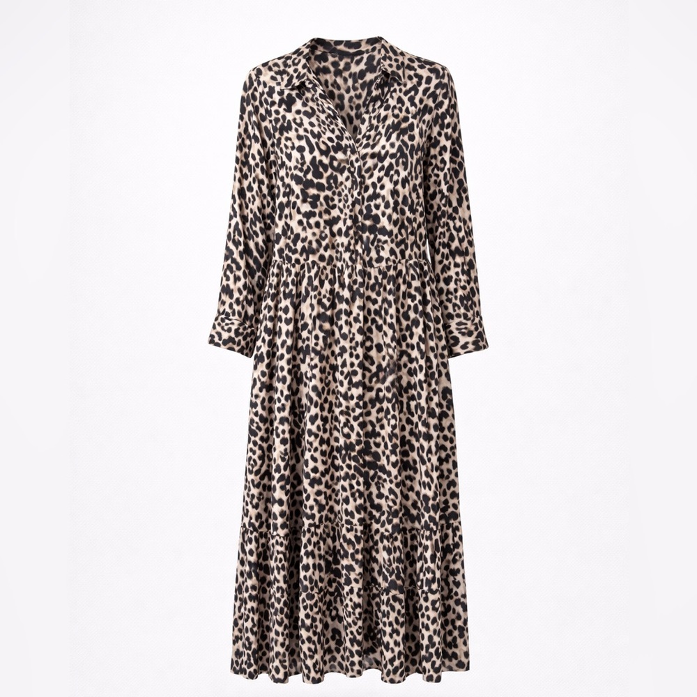 Zara Leopard Print Long Sleeve Satin Dress
